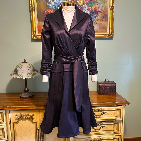 Tadashi Deep Purple Amethyst Plum Taffeta Ruched Sleeve Belted Wrap Dress - Picture 1 of 16